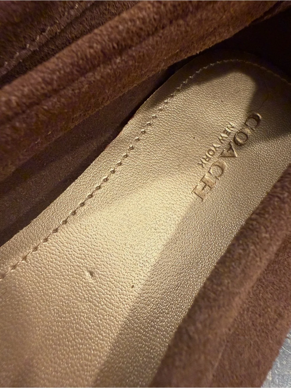 Coach Brown Suede Loafers with Gold Hardware